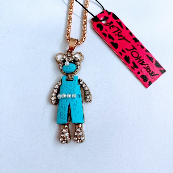 Teddy Bear in Overalls Betsey Johnson Necklace - Picture 2 of 4